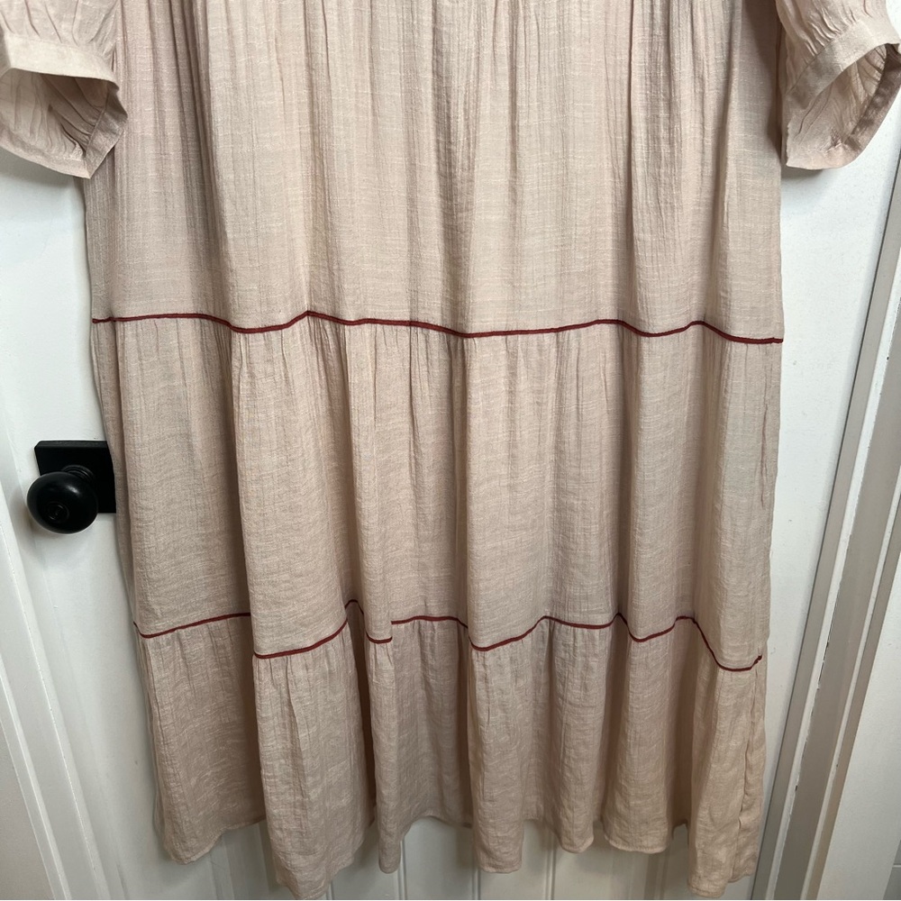Fig + Flower‎ Tan Midi Dress with Burgundy Pink Embroidery. Size Large. - Picture 9 of 16